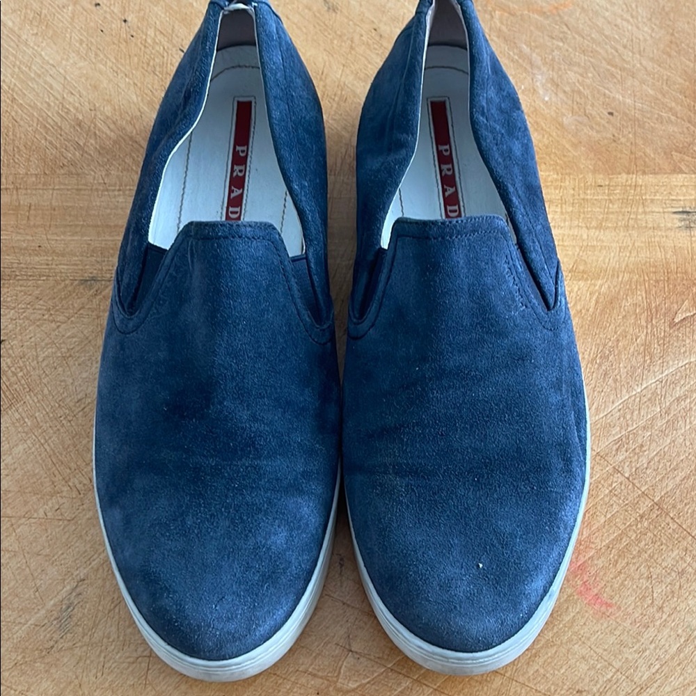 Prada Men's Blue Suede Slip-On Shoes